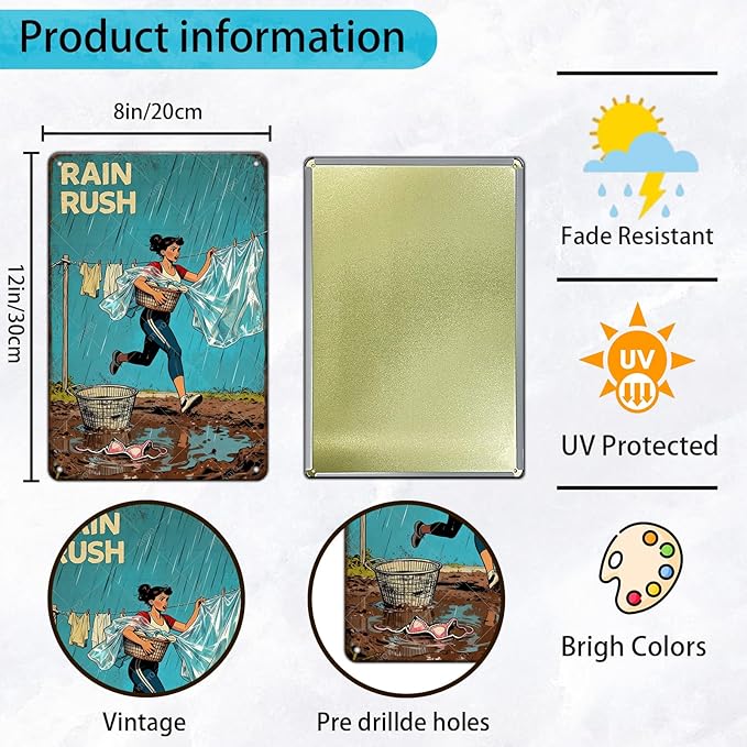 Rain Rush Laundry Vintage Tin Sign Funny Sarcastic Retro Housewife Design Mom Laundry Room Wall Decor 12x8 Inch
