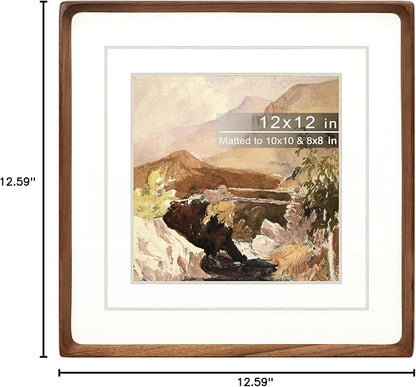 Square 12x12 Picture Frame with Mat for 8x8/10x10, Natural Walnut Wood Handcrafted Rounded Corner with Real Glass, Vertical or Horizontal Display Photo Gallery Wall Mounting Frame
