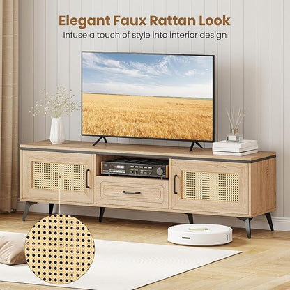 Giantex TV Stand for 60/65 Inch TV, Boho Entertainment Center with Storage Cabinets, Drawer and Rattan Doors, Wooden Media TV Console Table for Living Room, Bedroom, Entryway