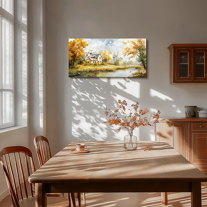 SERIMINO Rustic Landscape Large Wall Art, Forest Lake Cottage Painting Art Prints, Countryside Autumn Scenery Home Decor Artwork, Nature Canvas Wall Pictures for Living Room Bedroom Farmhouse 20"X40"