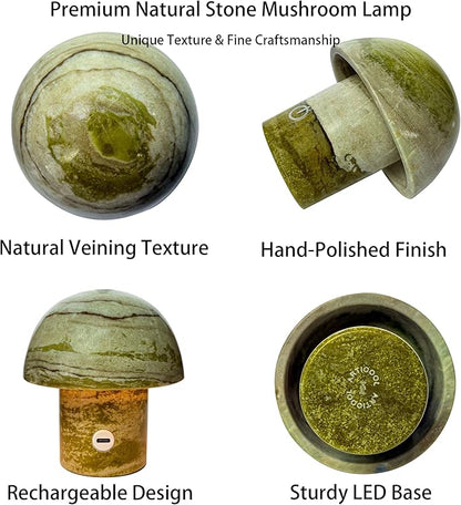 Natural Stone Mushroom Lamp - Jade Gemstone Night Light with LED, Touch Control 3 Brightness, USB Rechargeable Bedside Table Decor Gift