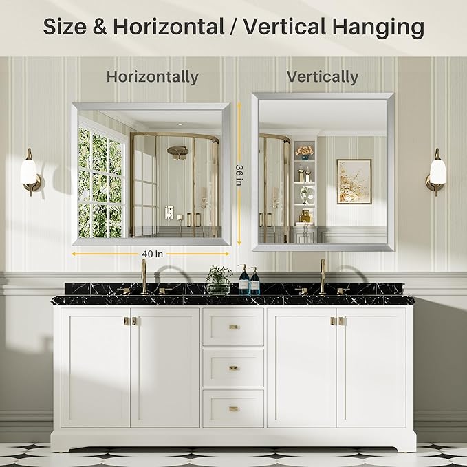 40x36 Inch Brushed Silver Bathroom Mirror for Wall, Thick Metal Framed Rectangle Mirrors for Over Sink, Bedroom, Living Room, Entryway, Anti-Rust, HD Tempered Glass