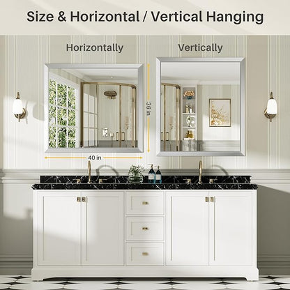 40x36 Inch Brushed Silver Bathroom Mirror for Wall, Thick Metal Framed Rectangle Mirrors for Over Sink, Bedroom, Living Room, Entryway, Anti-Rust, HD Tempered Glass