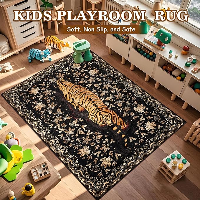 Washable Tiger Area Rugs 5x7Ft, Boho Animal Living Room Bedroom Rugs, Soft Low Pile Jungle Kids Nursery Dining Room Area Floor Carpets for Dorm Playroom Farmhouse Fall Decor, Black/Gold