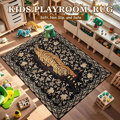 Washable Tiger Area Rugs 5x7Ft, Boho Animal Living Room Bedroom Rugs, Soft Low Pile Jungle Kids Nursery Dining Room Area Floor Carpets for Dorm Playroom Farmhouse Fall Decor, Black/Gold