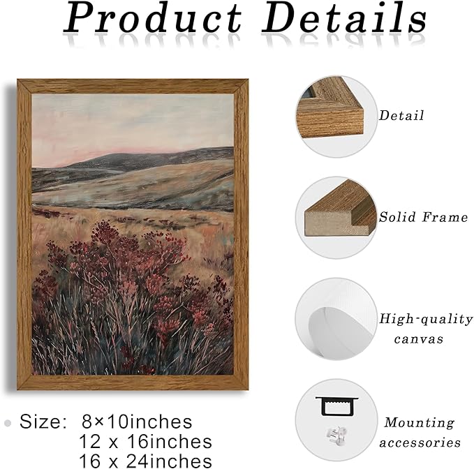 JLTULT Framed Vintage Landscape Canvas Wall Art, Maroon Flower Scenery Paintings Wall Decor, Maroon Dark Wildflower Picture Art Prints for Living Room Bedroom Office Decoration 16x24 inch Easy to Hang