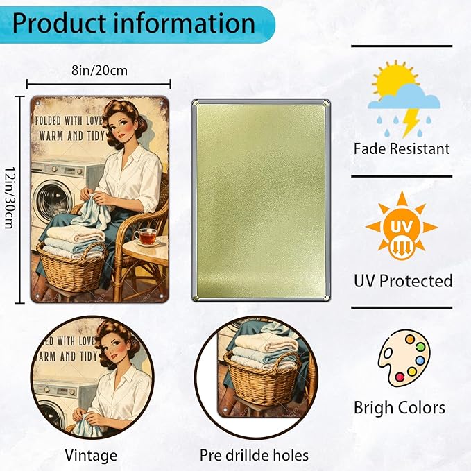 Funny Laundry Sign Vintage Tin Plaque Folded With Love Warm And Tidy Wall Art Laundry Room Decor Rustic Farmhouse Home Gift 12x8 Inch