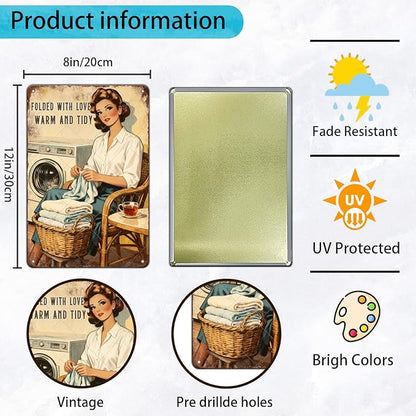 Funny Laundry Sign Vintage Tin Plaque Folded With Love Warm And Tidy Wall Art Laundry Room Decor Rustic Farmhouse Home Gift 12x8 Inch