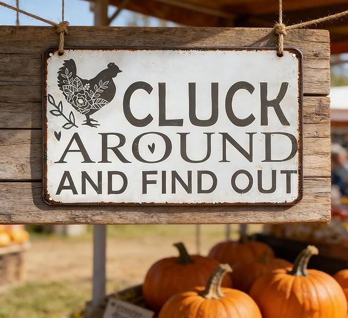 Vintage Chicken Metal Signs "Cluck Around and Find Out" Iron Wall Decor Funny Warning Tin Sign for Home Farm Chicken Coop Farmhouse Kitchen Garden Decor 8 X 12 Inch