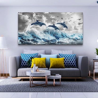 Wapluam Large Wall Art For Bedroom Blue Waves Of The Sea Wall Pictures Artwork Framed Canvas Wall Decoration For Living Room Fashion Office Canvas Art Prints Dolphins Seascape Paintings Home Decor