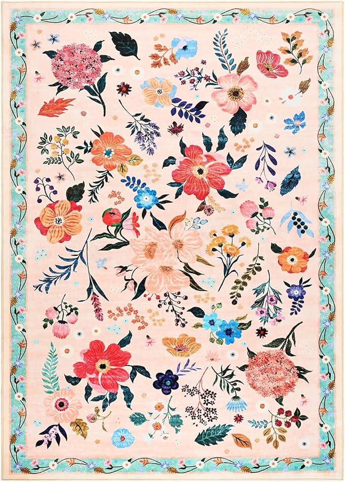 Macgace 3x5 Floral Rug for Girls Bedroom, Machine Washable Area Rugs with Non Slip Backingfor Living Room, Cute Flowers Carpet Kitchen Dining Room Kids Playroom Decor, Peach White