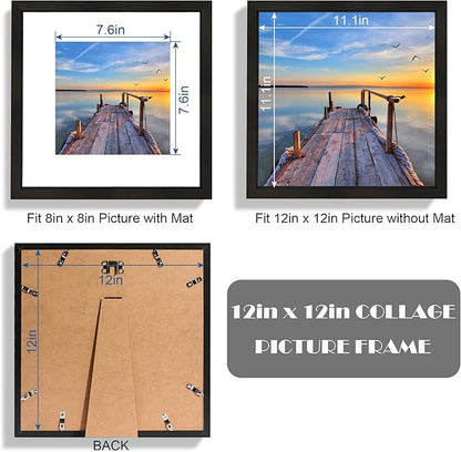 Hongkee 12x12 Black Picture Frame set of 3, Made of Glass and Wooden Square Photo frame - Displays Picture 8x8 With Mat or 12 x 12 Without Mat, Desktop & Wall Collage Photo Frame