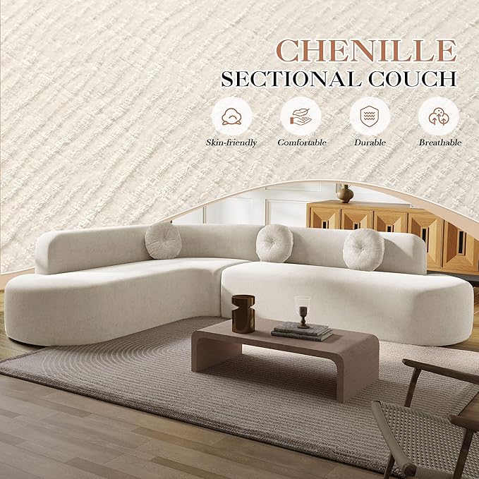 Deep Seat Curved Sectional Sofa - Cloud Round Couch with Elegant Curved Design & 3 Round Cushions, L-Shaped Comfy 4 Seater Floor Sofa, No Assembly Required (Beige)