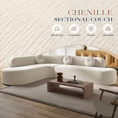 Deep Seat Curved Sectional Sofa - Cloud Round Couch with Elegant Curved Design & 3 Round Cushions, L-Shaped Comfy 4 Seater Floor Sofa, No Assembly Required (Beige)