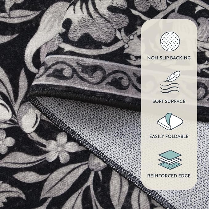 Lahome Bird Area Rugs 9x12 Living Room, Soft Washable Black Rug for Bedroom Under Bed, Ultra-Thin Non-Slip Botanical Traditional Carpet for Office Dining Room, Black
