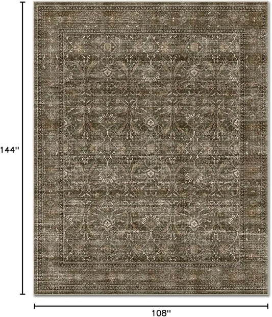 Washable 9x12 Area Rugs for Living Room, Boho Non-Slip Vintage Distress Lager Rugs for Bedroom Dining Room Nursery Office, 0.3" Neutral Oriental Throw Thin Carpet, Rust/Multi, D2