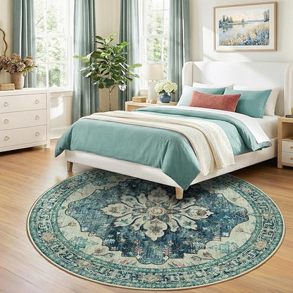 RELEANY Area Rugs Round 8ft Washable Non-Slip, Floral Vintage Distress Print Pattern Medallion Carpet for Living Room Bedroom Dining Room, Dark Blue Vintage