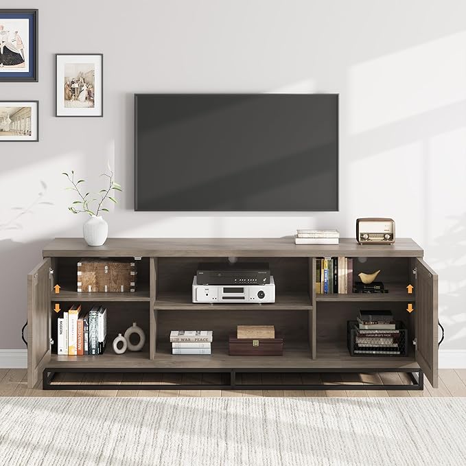 Garvee Farmhouse TV Stand for Living Room, Entertainment Center with 2-Tier Adjustable Shelves & Metal Leg, Wooden TV & Media Console Table for 75 Inch with Storage Compartments, Gray