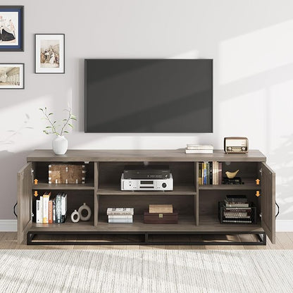 Garvee Farmhouse TV Stand for Living Room, Entertainment Center with 2-Tier Adjustable Shelves & Metal Leg, Wooden TV & Media Console Table for 75 Inch with Storage Compartments, Gray