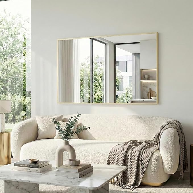 30" x 48" Gold Wall Mirror, 48" x 30" Large Metal Framed Accent Mirror, Horizontal Decor for Dining Room & Bathroom Vanity