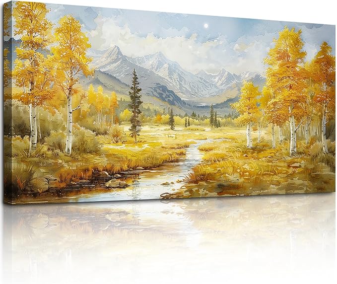crmotu Autumn Landscape Wall Art, Birch Tree Forest Large Artwork, Mountain River Scenic Canvas Painting, Rustic Aesthetic Pictures Wall Decor Living Room Bedroom Bathroom Kitchen Art Prints 24x48inch