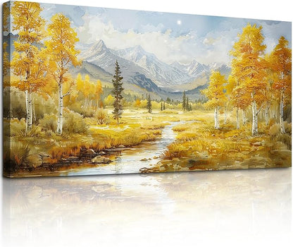 crmotu Autumn Landscape Wall Art, Birch Tree Forest Large Artwork, Mountain River Scenic Canvas Painting, Rustic Aesthetic Pictures Wall Decor Living Room Bedroom Bathroom Kitchen Art Prints 24x48inch