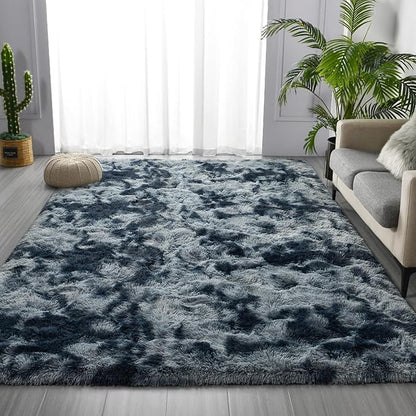 Deerhoo Shag Area Rug, 4 X 6 Tie-Dyed Plush Fuzzy Rugs for Living Room, Ultra Soft Fluffy Furry Rug for Bedroom, Indoor Carpet Nursery Rugs for Kids Room Home Decor, Blue and Grey