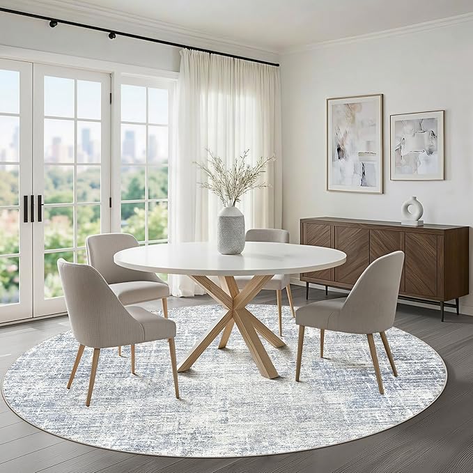 6ft Round Rug Living Room: 6x6 Washable Large Neutral Blue Circle Area Rug Abstract Soft Modern Stain Resistant Indoor Floor Non-Slip Carpet for Bedroom Nursery Kids Office Playroom Dining Room