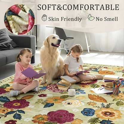 8x10 Machine Washable Area Rug for Living Room, Green Vintage Boho Floral Rug Large Non-Slip Low Pile Soft Faux Wool Carpet, Kids and Pets Friendly for Bedroom Dining Room Farmhouse Home Decor Rug