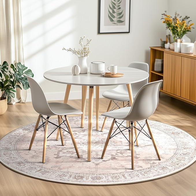 BESTSWEETIE 4ft Area Rug Washable Rugs for Living Room, No Pile Boho Carpet for Entryway Bedroom Dinning Room, Vintage Carpet Print Distressed Non-Slip, 48" Round, Pink Beige Grey