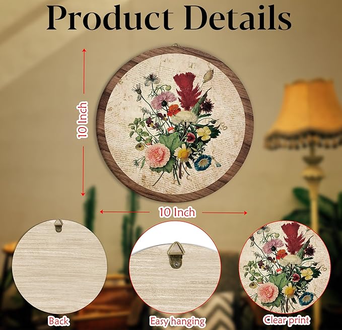 Vintage Floral Boho Hanging Wall Decor, Farmhouse Botanical Neutral Round Wooden Wall Art, Natural Flowers Western Boho Decorations for Living Room Bedroom Bathroom Kitchen Office Apartment Home, 01