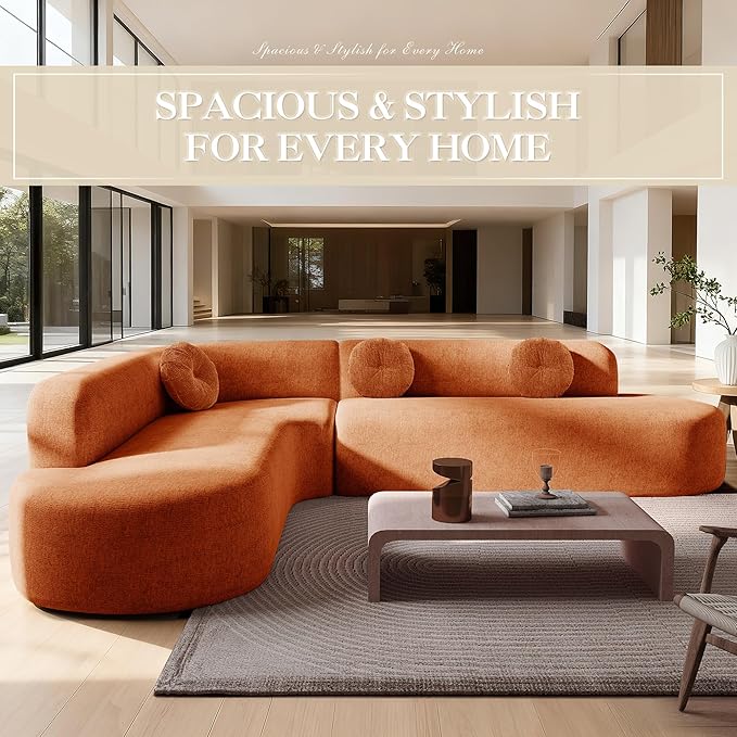 Deep Seat Curved Sectional Sofa - Cloud Round Couch with Elegant Curved Design & 3 Round Cushions, L-Shaped Comfy 4 Seater Floor Sofa, No Assembly Required (Orange)