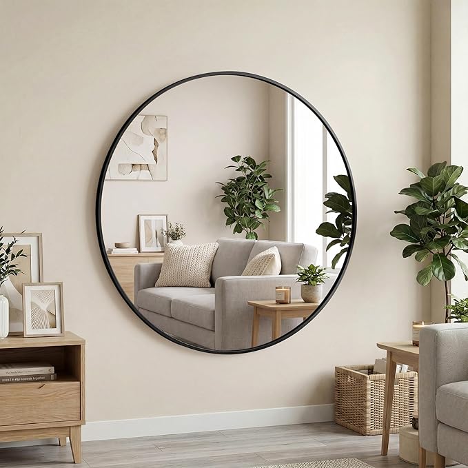 OLIXIS 28 Inch Black Round Bathroom Wall Mirror, Round Bathroom Mirrors for Over Sink, Circle Mirror with Tempered Glass for Home Decor, Entryway, Bedroom, Vanity, Shatterproof& Crystal-Clear