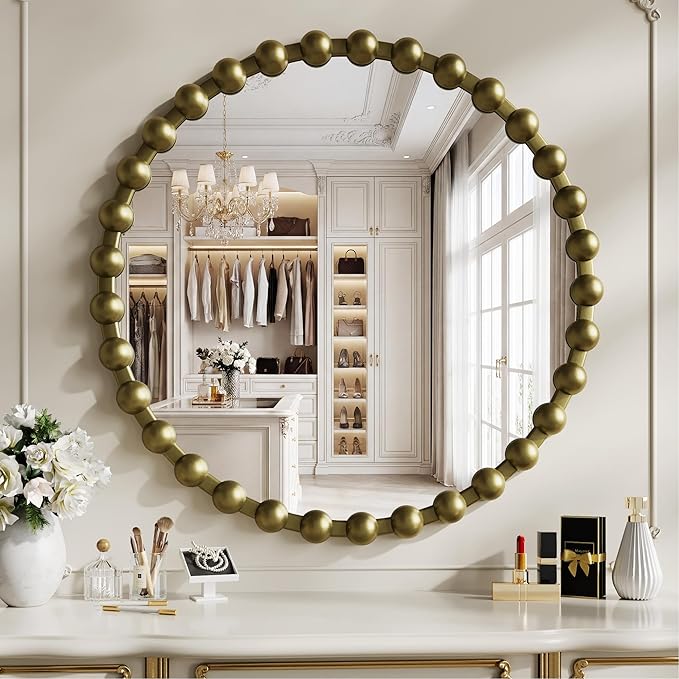 Round Mirror for Wall, 28 Inch Bronze Round Vanity Mirror with Beaded Frame, Modern Decorative Wall Mirror for Bathroom, Entryway, Bedroom, Living Room, Shatter-Proof Tempered Glass, Bronze