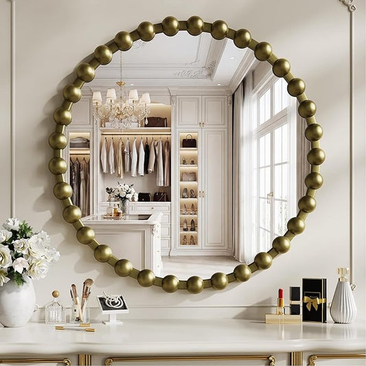 Round Mirror for Wall, 28 Inch Bronze Round Vanity Mirror with Beaded Frame, Modern Decorative Wall Mirror for Bathroom, Entryway, Bedroom, Living Room, Shatter-Proof Tempered Glass, Bronze