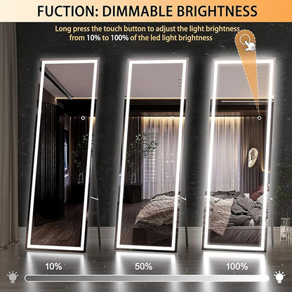 Hasipu Full Length Mirror with Lights, 58" x 18" LED Lighted Floor Standing, Full Body Dressing Hanging Mounted Mirror, Tempered Glass, Square White