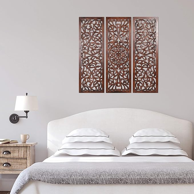 The Wooden Town Wall Hanging Plaques - Wall Plaque Wall Décor Plaques Set of 3-36 x 12 Inch - Burnt, Elegant Sculpture Wall Décor Panel to Enhance the Décor of Your Room or Office