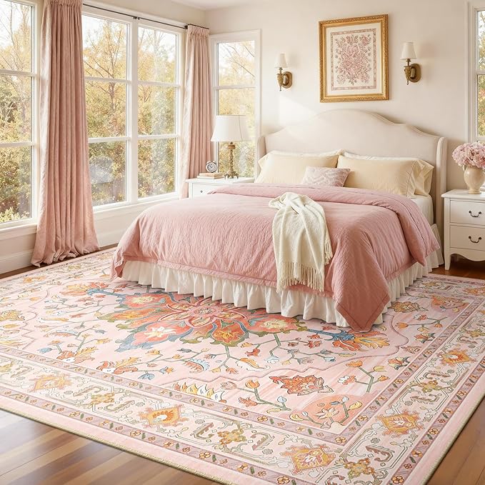 RELEANY Area Rugs 10'x14' Washable Non-Slip, Floral Vintage Distress Print Pattern Medallion Carpet for Living Room Bedroom Dining Room, Light Pink Colorful