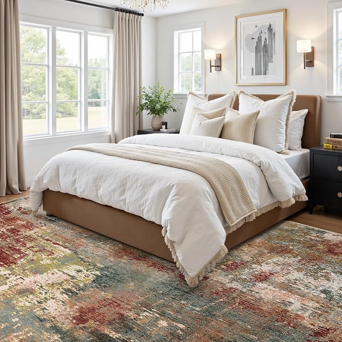 RELEANY Washable Area Rugs 7x10 Non-Slip Modern Abstract Soft for Living Room Entryway Bedroom Nursery, Print Pattern, Brown Rust Red Green Blue Multi