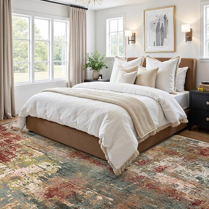 RELEANY Washable Area Rugs 7x10 Non-Slip Modern Abstract Soft for Living Room Entryway Bedroom Nursery, Print Pattern, Brown Rust Red Green Blue Multi