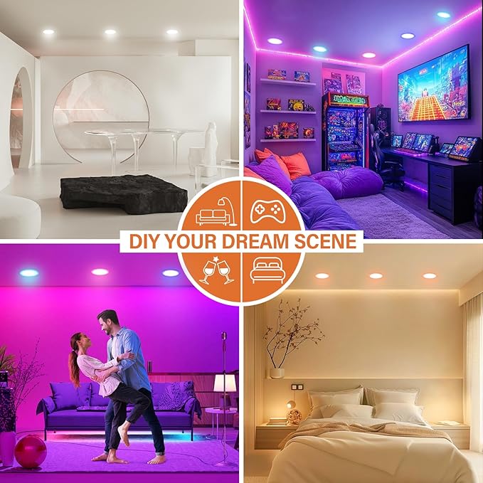 12Pack Smart RGB Recessed Lighting 4Inch,Ultra-Thin Canless LED Downlight,2.4GHz Wi-Fi Bluetooth, 2700K-6500K, 9W 2640lm,Work with Tuya App,Alexa,Google Assistant,Sync Music
