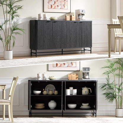 Fatmok 65" Buffet Cabinet with Storage, Fluted Credenza Sideboard with 4 Doors & Adjustable Shelves, Large Coffee Bar Console Table for Dining Room, Living Room, Entryway, Black Grey