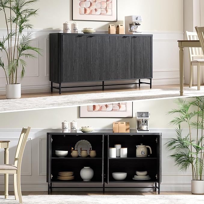 Fatmok 65" Large Sideboard Buffet Cabinet with Storage, Set of 2 Modern Fluted Credenza Accent Coffee Bar Console Tables with Doors & Adjustable Shelves for Living Room or Hallway, Black & Grey