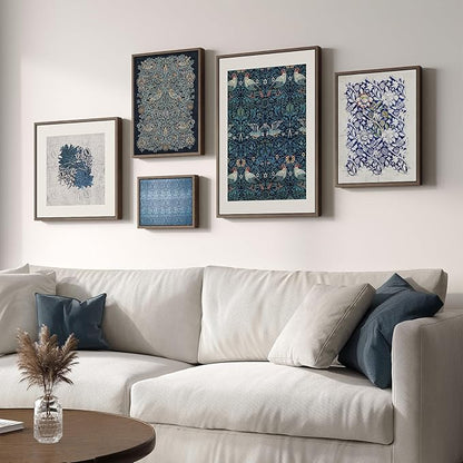 Framed William Morris Wall Art for Living Room, 5 Piece Large Vintage Blue Canvas Prints Set, Floral Botanical and Bird Pattern Aesthetic Decor for Bedroom, Hallway, Home Office, Kitchen, Guest Room