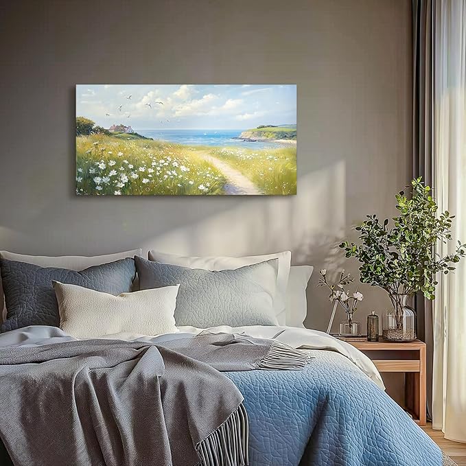 SERIMINO Coastal Landscape Large Wall Art, Country Scenic Canvas Art Wall Decor, Meadow Wildflowers Nature Art Prints, Rustic House Decorations Living Room Bedroom Above Bed Wall Pictures 20"X40"