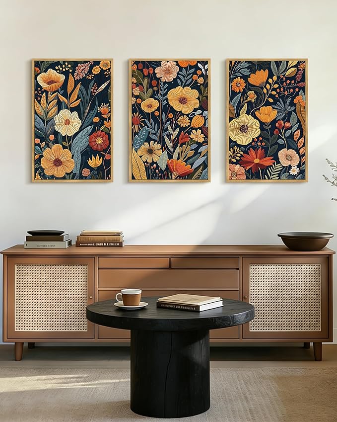 PHOPAGO Vintage Flower Framed Wall Art Large 16x24in Boho Colorful Floral Wall Decor Retro Botanical Wildflower Modern Art Prints Living Room Bedroom Home Decor - Natural Framed