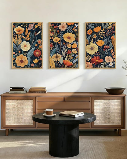PHOPAGO Vintage Flower Framed Wall Art Large 16x24in Boho Colorful Floral Wall Decor Retro Botanical Wildflower Modern Art Prints Living Room Bedroom Home Decor - Natural Framed