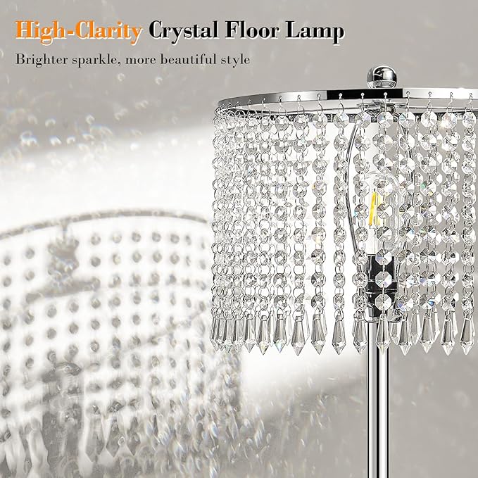 【Upgraded】 Dimmable Crystal Floor Lamps for Living Room, 1000LM LED Bulb Included, Standing Lamp with Knob Switch, Tall Silver Modern Floor Lamp for Bedroom Nursery Office Reading