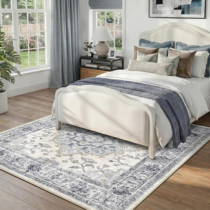 CAPALOCA Machine Washable Rugs Nursery Rug Sq5ft Cute Girl Non Slip Low Pile Water Repellent Soft Print Pattern for Bedroom Indoor Decor Kids Playroom Blue White