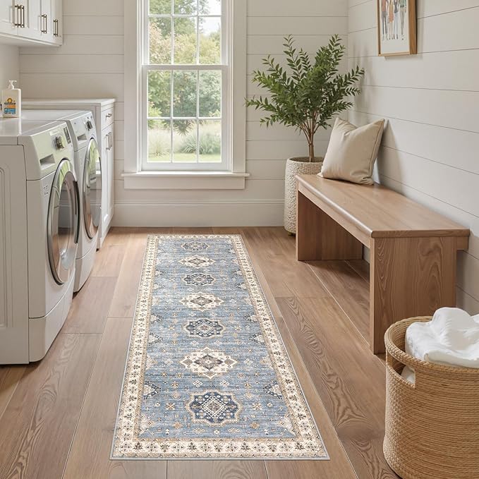 EIEIHOUSE Washable 2x6 Runner Rug - Area Rugs Neutral Vintage Distressed Floral Farmhouse Boho Large Soft Floor Rug Indoor Carpet for Hallway Entryway Bedroom Kitchen - Blue